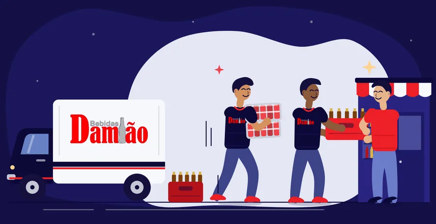 Ilustração: caminhão da Bebidas Damião e dois entregadores levando fardos de latas e um engradado de cerveja até um cliente sorrindo na porta da loja dele.